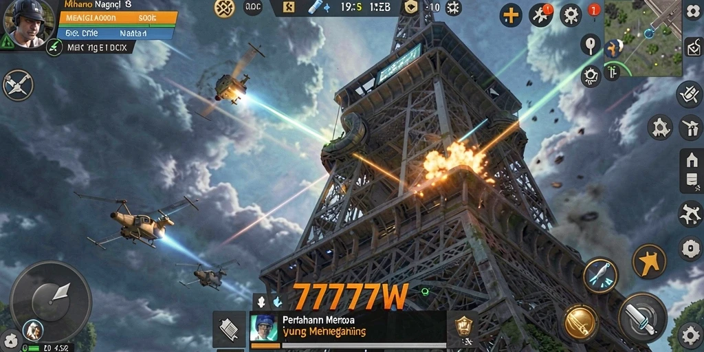 Screenshot gameplay 7777W yang menampilkan pertahanan menara yang strategis.