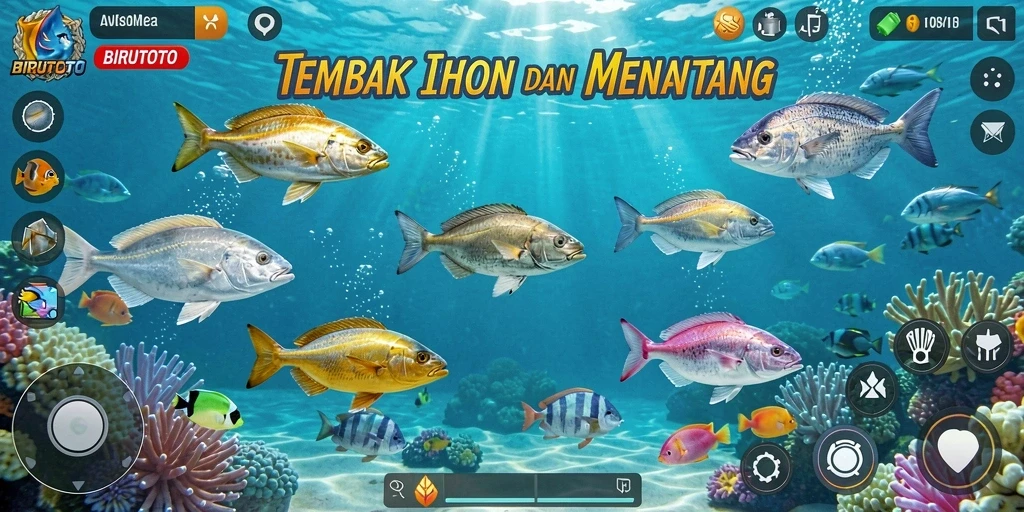 Tampilan gameplay BIRUTOTO yang seru dan menantang dalam menangkap ikan.