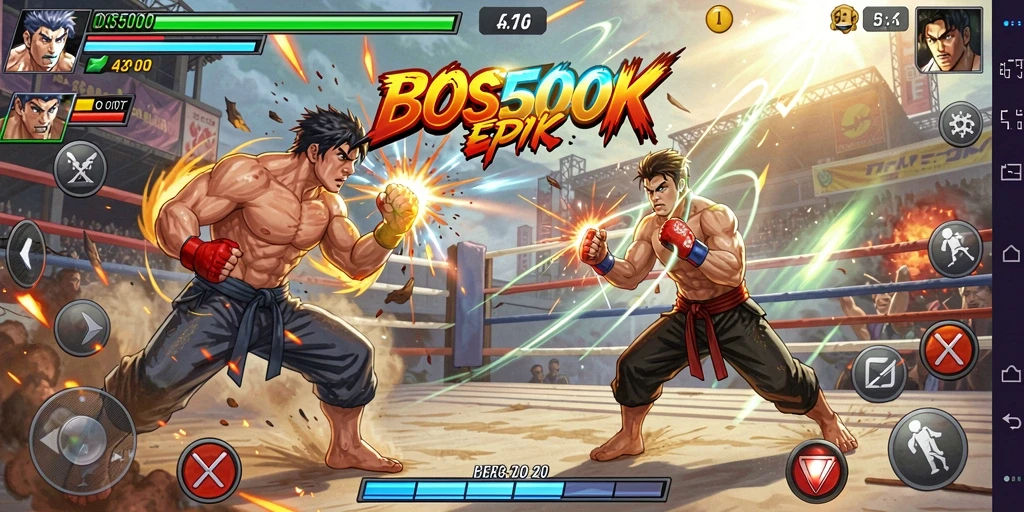 Screenshot utama BOS5000 menampilkan aksi pertarungan yang mendebarkan.