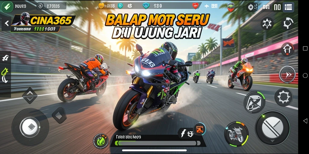 Gameplay CINA365 menampilkan aksi balap motor yang mendebarkan.
