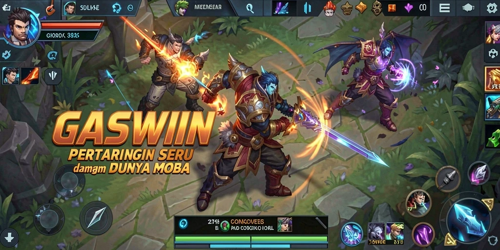 Screenshot utama GASWIN menampilkan karakter dalam pertempuran seru di arena.