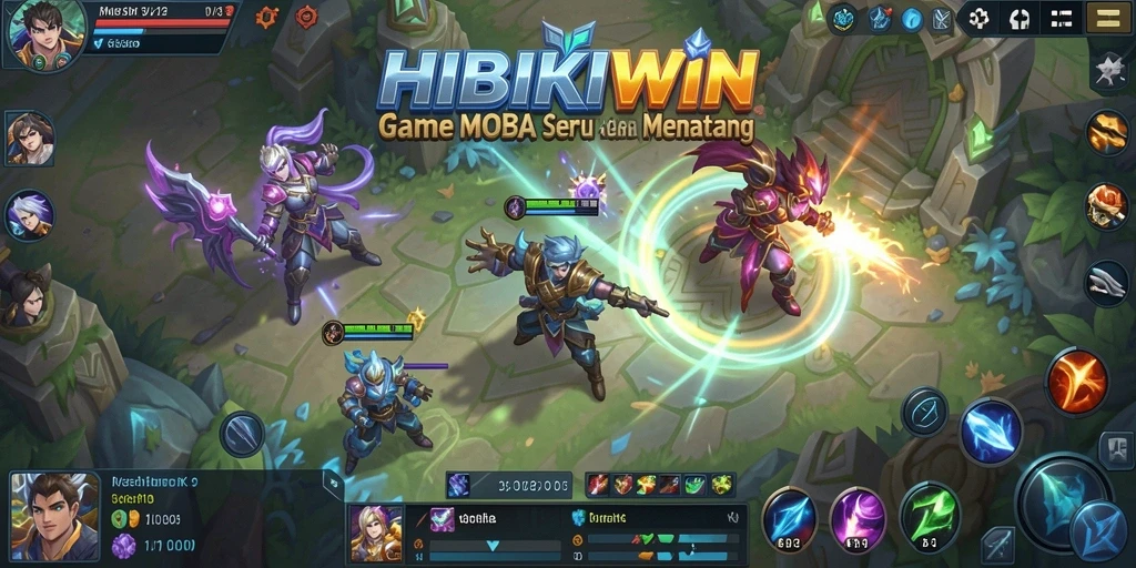 Tangkapan layar gameplay seru HIBIKIWIN dengan pertarungan tim.