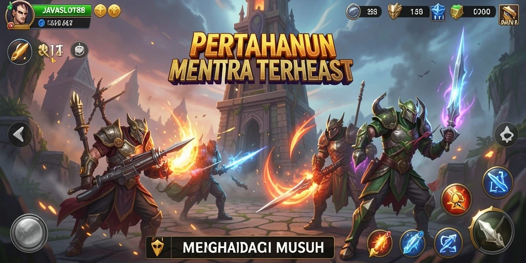 Tampilan menarik dari gameplay <strong>JAVASLOT88</strong> yang menampilkan menara melawan gelombang musuh.