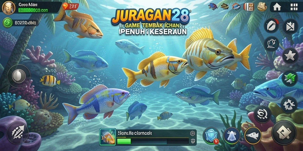 Screenshot gameplay JURAGAN28 menampilkan aksi seru menembak ikan.
