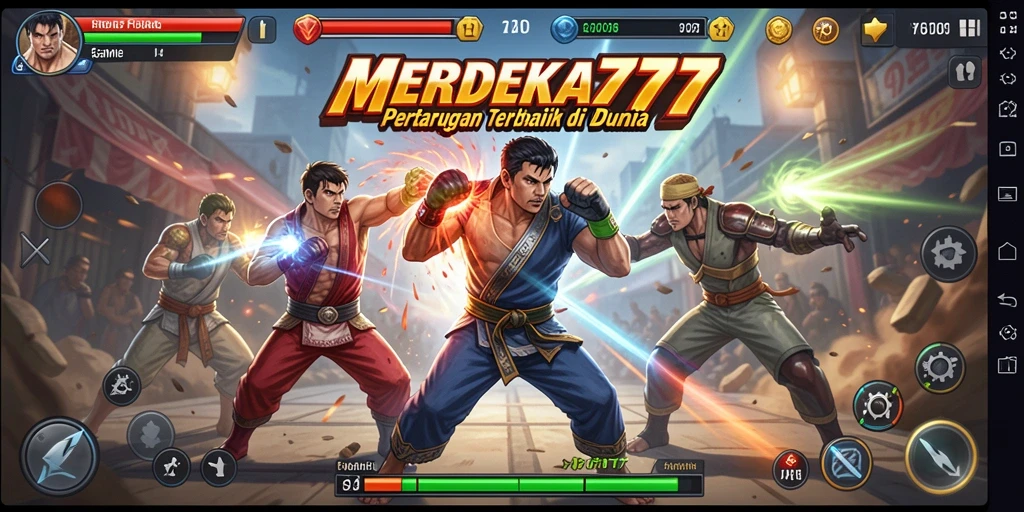 Screenshot utama MERDEKA777 menampilkan aksi intens dalam pertarungan Fighting.