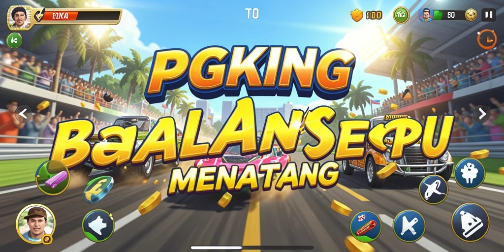 Screenshot gameplay PGKING yang menunjukkan mobil berkecepatan tinggi di sirkuit balapan.