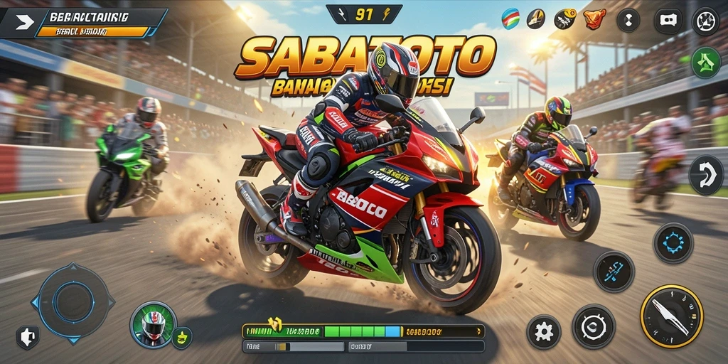 Screenshot gameplay SABATOTO menampilkan balapan motor yang menegangkan.