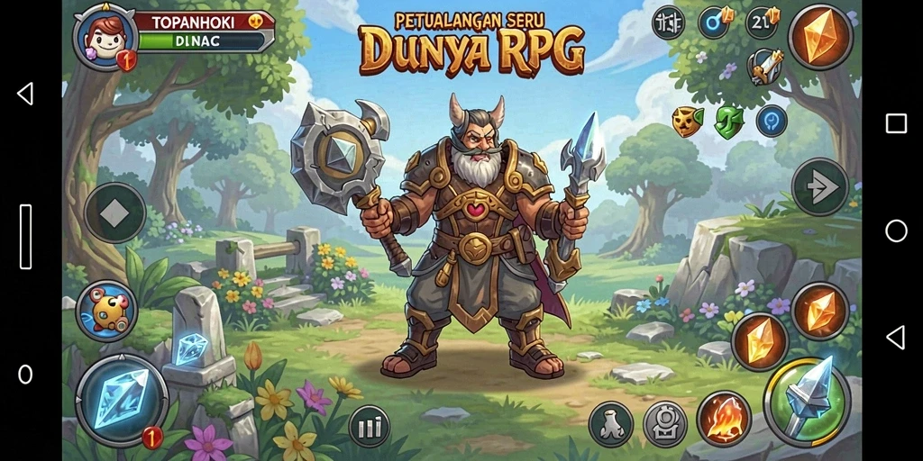 Screenshot gameplay TOPANHOKI dengan pertarungan seru di dunia fantasi.