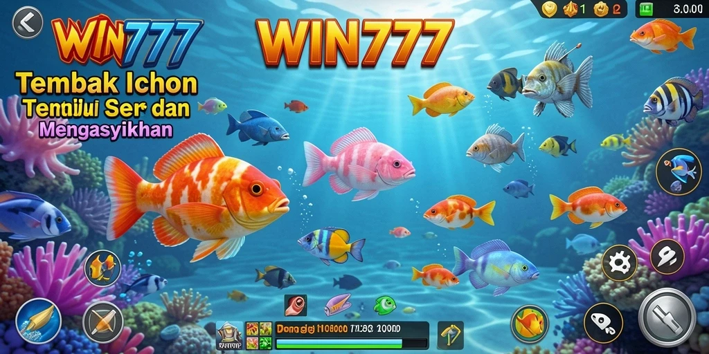 Screenshot gameplay WIN777 yang menampilkan aksi menembak ikan.
